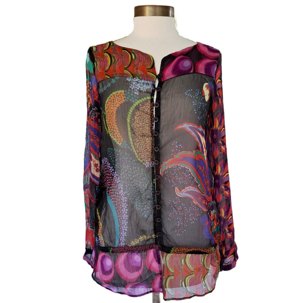 Desigual Sheer Multi Color Print Long Sleeve Tuni… - image 1